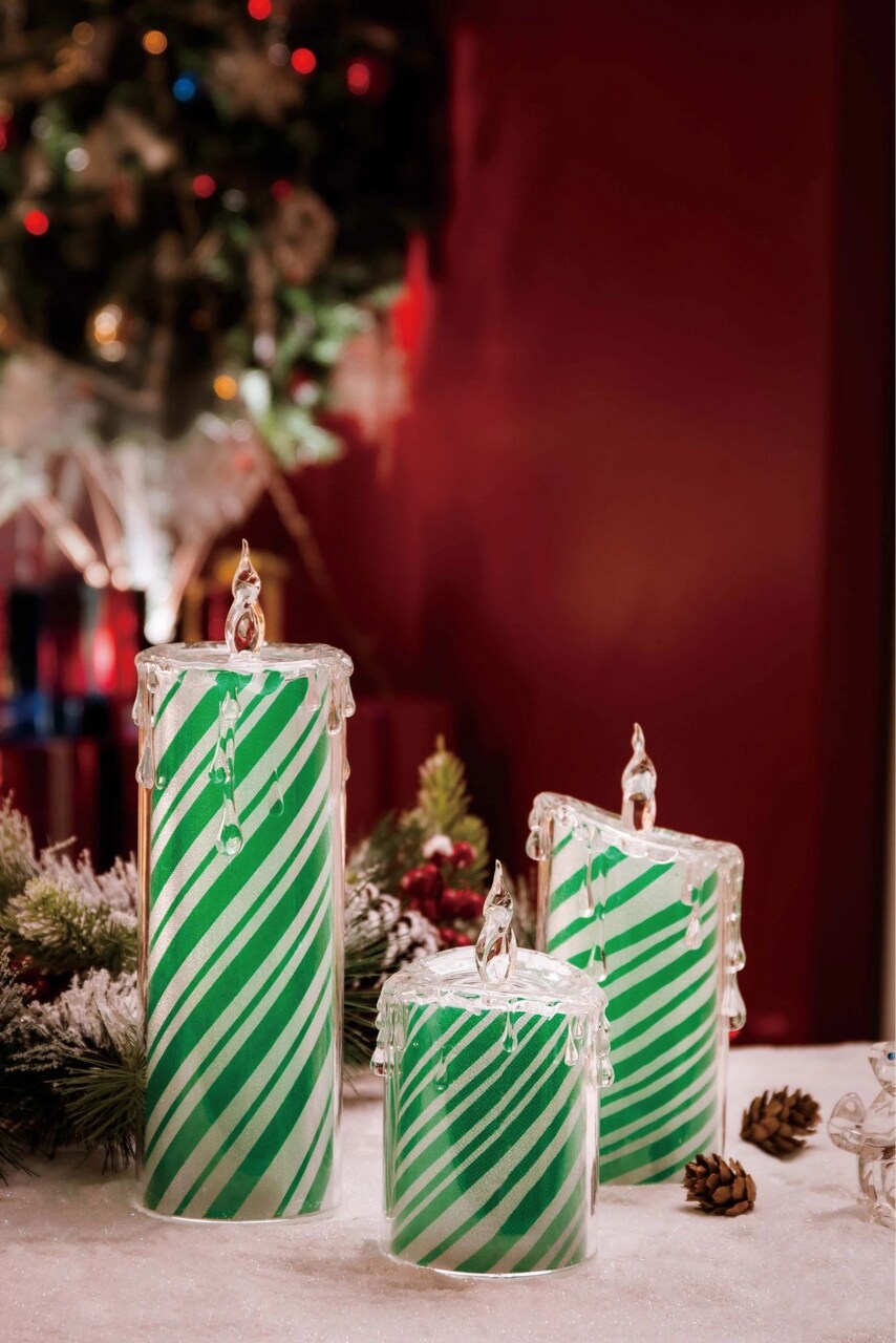 Icy Giftware Set of 6 Green and White LED Lighted Spearmint Candle Set Tabletop Decor 9.5"